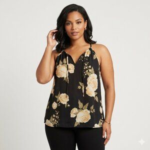 Black Floral V-Neck Camisole with Cream Roses
